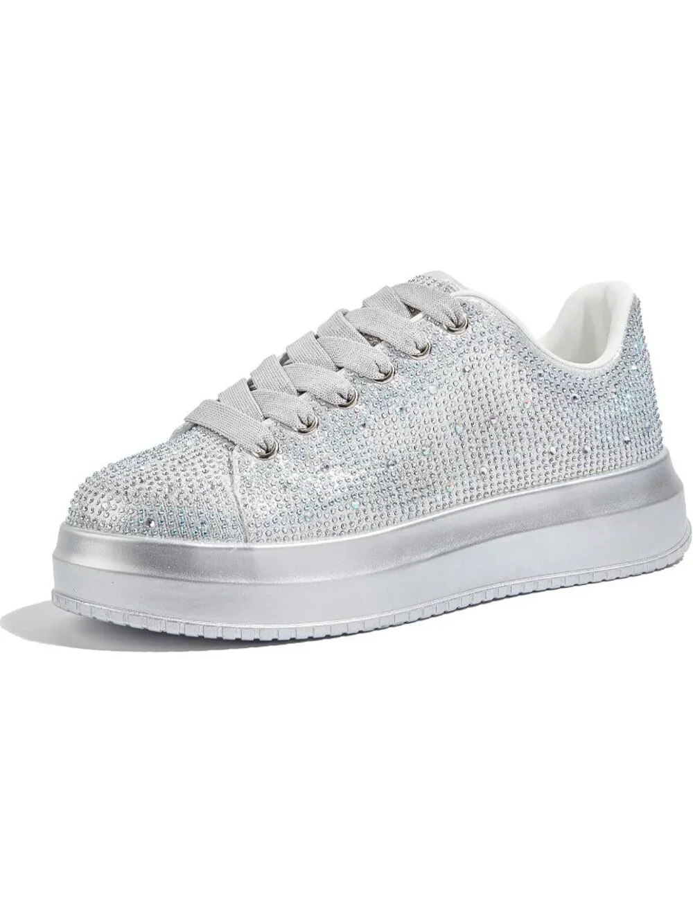 🆕Women's Silver Sparkly Glitter Bling Tennis Rhinestone Platform Sneakers